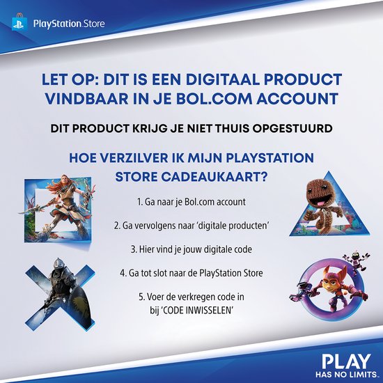 Instructies om een PlayStation Store cadeaubon te verzilveren op Bol.com. Met afbeeldingen van games.