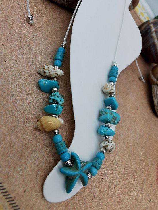 Enkelbandje - Zomer - Ibiza style - met turquoise edelsteen, geribde fuik Horn schelp, Zeester, wit kleur touw.