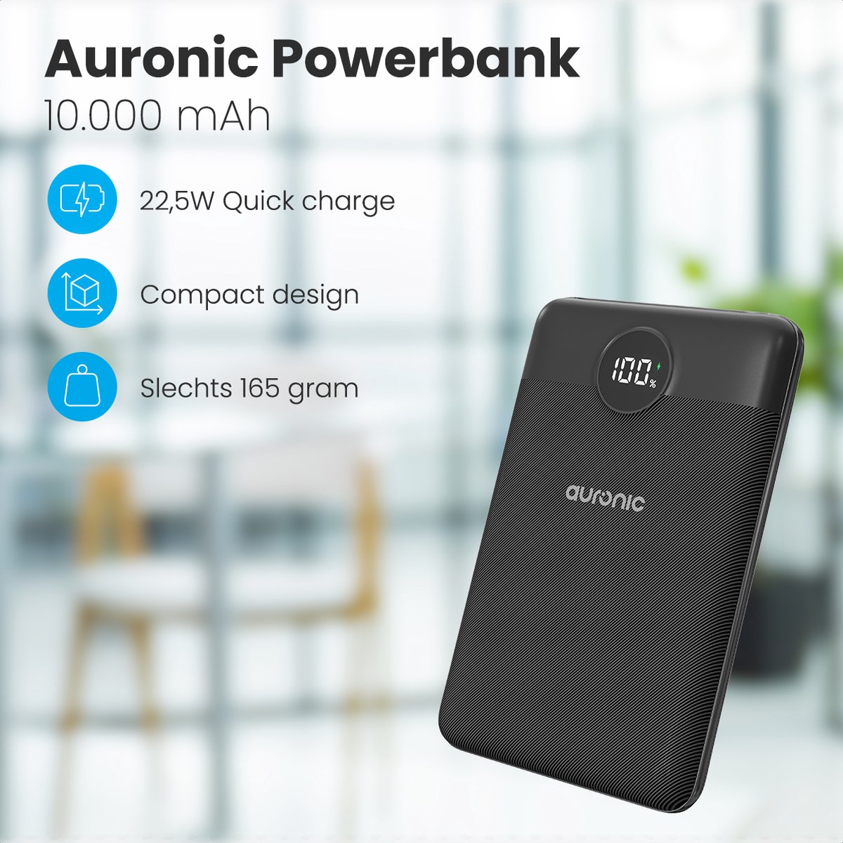 Auronic Powerbank 10.000 mAh Snellader Zwart - afbeelding 2
