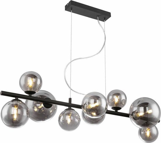 SensaHome MD68857-9 - 9 Lamps Glazen Eettafel Hanglamp Zwart - Moderne Eetkamer Lamp met Smokey Glazen Bollen - 80x34cm - 9x G9 3W - Exclusief Lichtbron