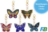 F4B Papillons Porte-clés Peinture de diamants | Double face | 5 pièces | Papillon | Animaux | Forfait adultes | Accessoires | Forfait complet