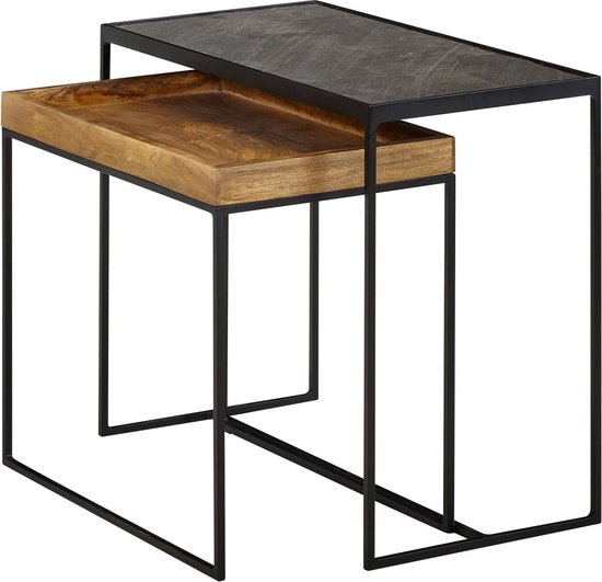 Rootz 2-delige woonkamertafelset - stenen bijzettafel en industrieel design rechthoekige salontafel - vierkante bijzettafel - nesttafel placemat - mango massief hout