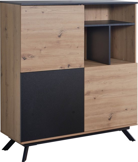 Rootz Highboard Ladekast - Eiken Decor met Zwart MDF - Modern Vrijstaand Dressoir met 3 Deurtjes en Plank - Metalen Poten - 110x129x40 cm