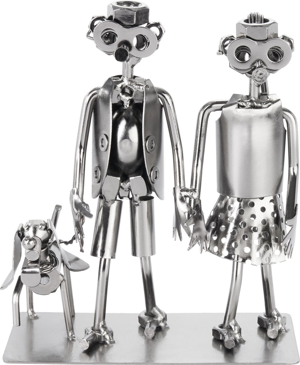 BRUBAKER Schroef Figuur Lovers - Koppel met Hond - IJzeren Figuur Metal Man - Handgemaakte Metalen Figuur Liefde - Zilver Koppel Cadeau voor Hondenbezitter