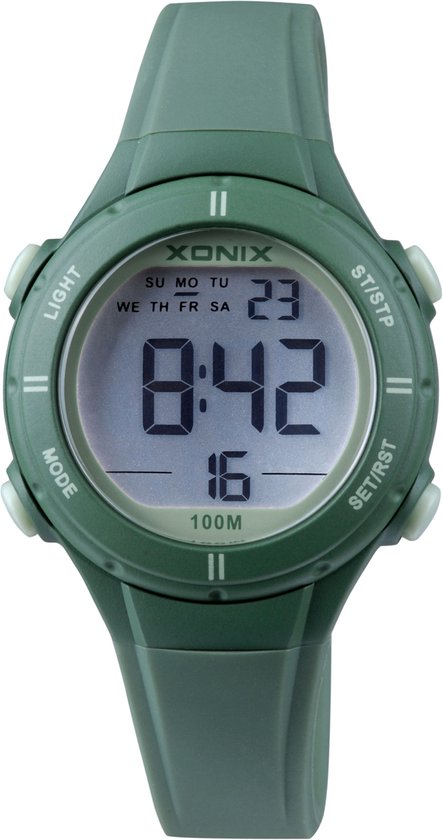 Xonix BAI-A04 - Montre - Numérique - Enfants - Unisexe - Bracelet en Siliconen - ABS - Chiffres - Rétroéclairage - Alarme - Start-Stop - Deuxième fuseau horaire - Affichage de la date - Étanche - 10 ATM - Vert