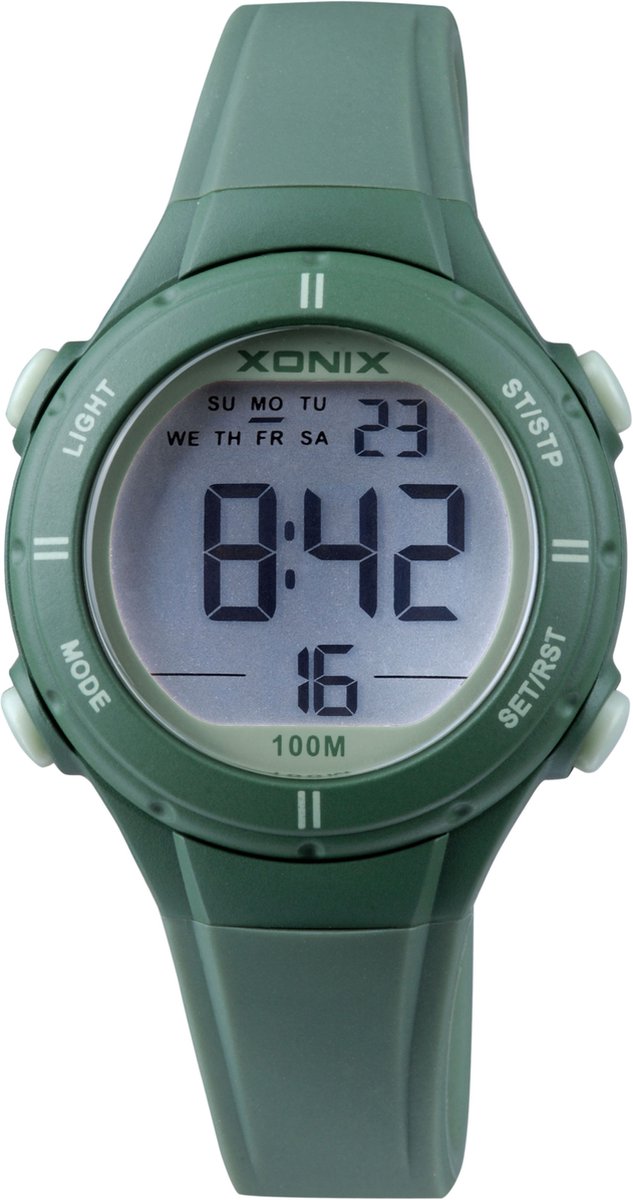 Xonix BAI-A04 - Horloge - Digitaal - Kinderen - Unisex - Siliconen band - ABS - Cijfers - Achtergrondverlichting - Alarm - Start-Stop - Tweede tijdzone - Datumaanduiding - Waterdicht - 10 ATM - Groen