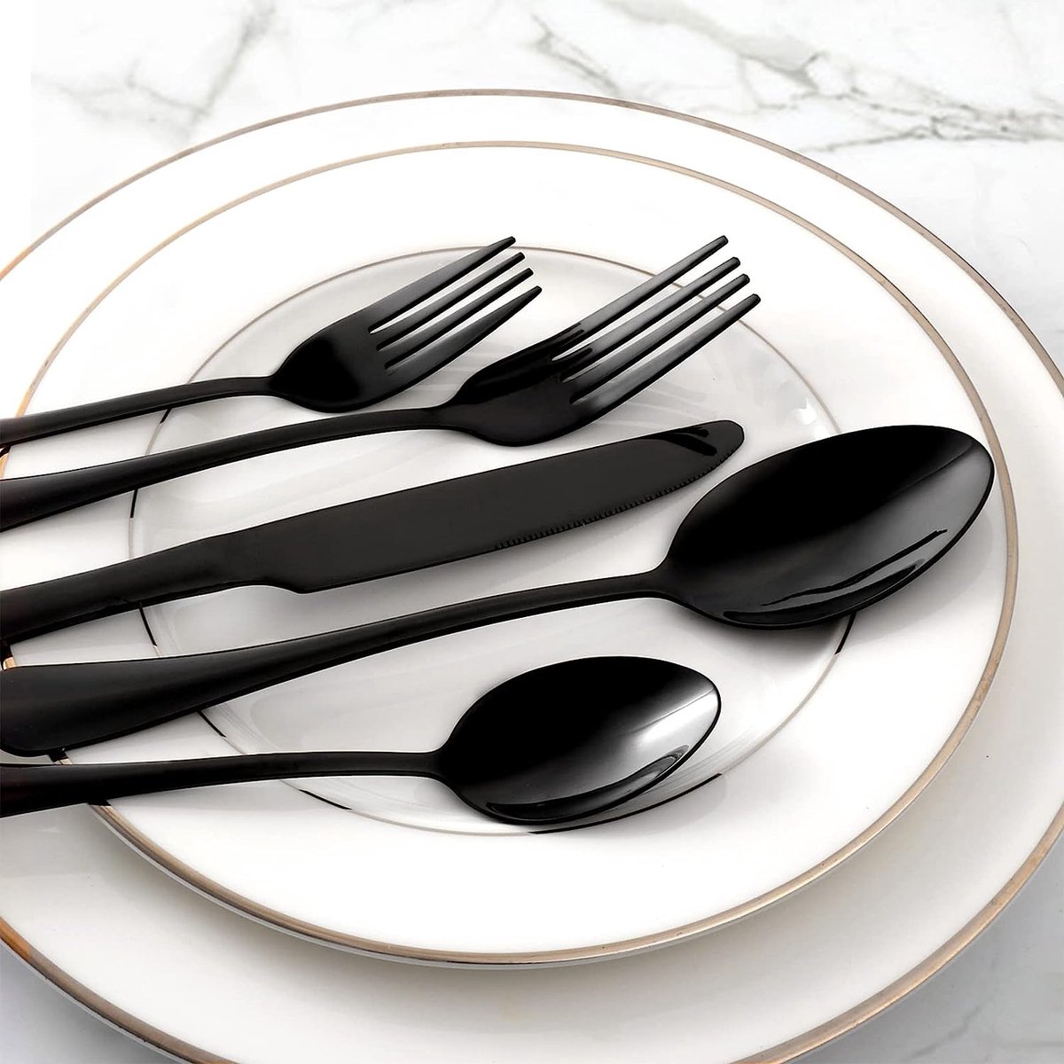 BEWOS 24 pièces Ensemble de couverts noir mat de haute qualité en acier  inoxydable, couverts set fourchettes, couteaux, cuillères, service pour 6,  passe au lave-vaisselle : : Cuisine et Maison