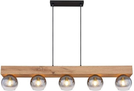 Villach Hanglamp 5 lichts eiken look zwart met smoke glas - Industrieel - Globo