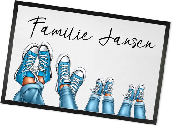 Deurmat met Familienaam | Deurmat Gezin Sneakers | Leuk Cadeau voor een gezin | 60x40cm | Sneakers Lichtblauw