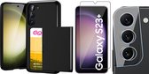 Hoesje met Pasjeshouder geschikt voor Samsung Galaxy S23 Plus - Screenprotector GlassGuard & Camera Lens Screen Protector - Back Cover SlideCase Zwart