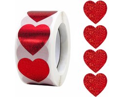500 Stickers Op Rol - 2.5cm - Hart / Hartjes Rood Glitter - Beloningsstickers - Stickers Kinderen - Sluitsticker - Sluitzegel - 25mm - 500 Stuks