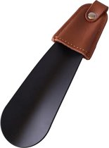 Lynnz® schoenlepel lang zwart metaal RVS 16 cm - met leren handgreep - stevig leer - schoentrekker - schoen lepel - schoenlepels