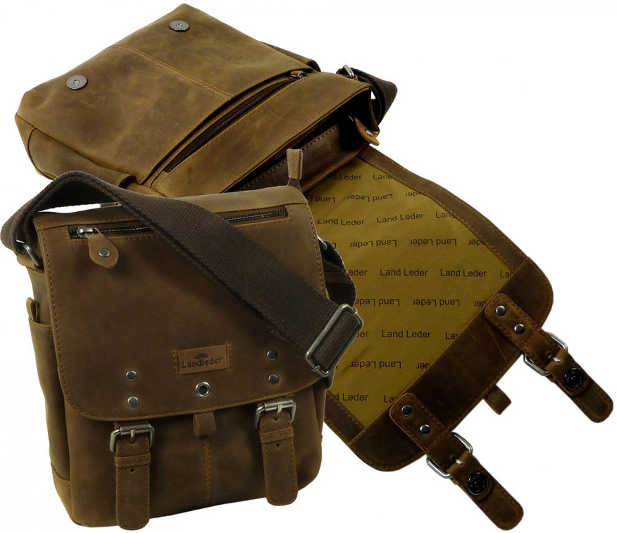 Landleder - Lederen Casual Bag / Schoudertas - "Old School" - Western Type - Vintage Bruin - Large - afmeting 23 x 10 x 27 cm.