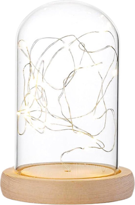 Glazen Stolp - Stolplamp - Houten voet - met Ledverlichting - 16 x 11 cm - Decoratie