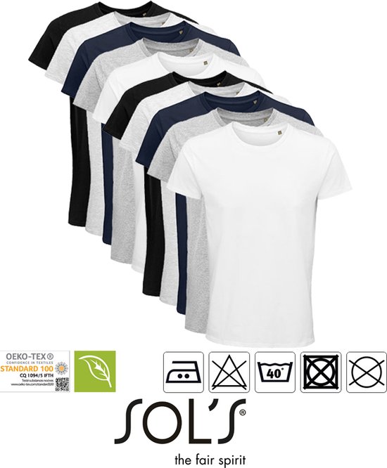 10 Pack Sol's Heren T-Shirt 100% biologisch katoen Ronde hals Zwart, Donker Blauw, Grijs, Lichtgrijs gemeleerd, wit Maat M