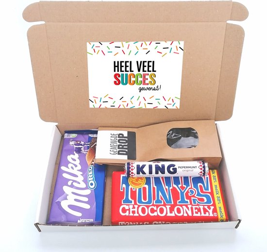 Succes cadeautje "Heel veel succes gewenst" brievenbus cadeau - Dropmix - Tony Chocolonely - Milka Oreo - King pepermunt