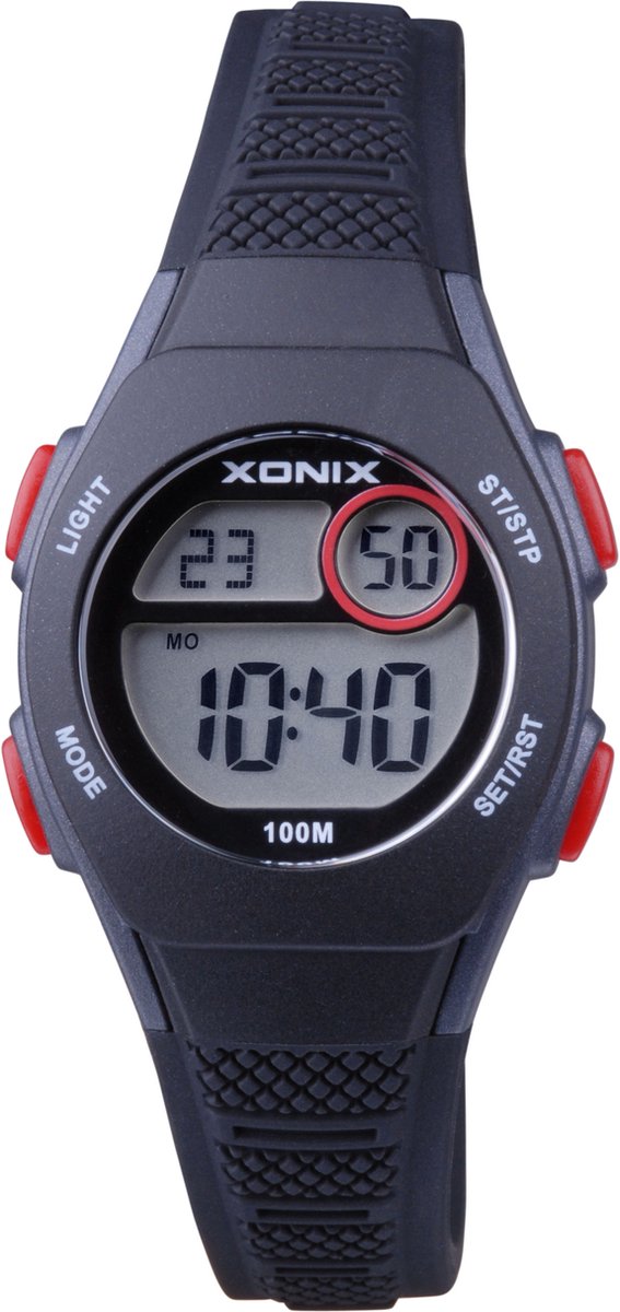 Xonix BAY-007 - Horloge - Digitaal - Kinderen - Unisex - Rond - Siliconen band - ABS - Cijfers - Achtergrondverlichting - Alarm - Start-Stop - Tweede tijdzone - Datumaanduiding - Waterdicht - 10 ATM - Zwart - Grijs - Rood