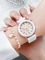 Horloge voor dames - geschenk - cadeau set met horloge -Witte Horloge - armband - cadeautje voor haar - Witte-Roze- Kerst cadeau & Sinterklaas cadeau