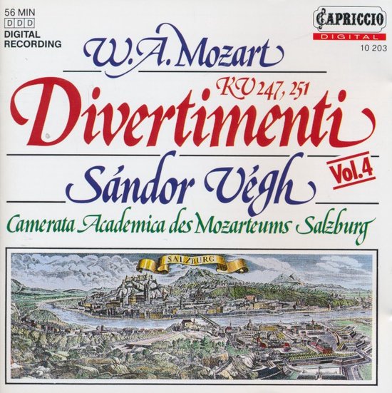 Voorzijde CD-hoes: Mozart Divertimenti KV 247, 251 Vol. 4. Sándor Végh, Camerata Academica des Mozarteums Salzburg. Illustratie van Salzburg.