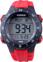 Xonix DAX-A02 - Horloge - Digitaal - Heren - Mannen - Rond - Siliconen band - LCD - ABS - Cijfers - Achtergrondverlichting - Alarm - Start-Stop - Chronograaf - Tweede tijdzone - Waterdicht - 10 ATM - Rood - Zwart