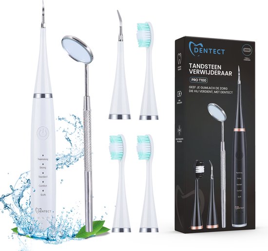 Tandsteen verwijderaar elektrisch Dentect – tandenborstel opzetstukken - tandarts spiegel - 5 standen -Wit