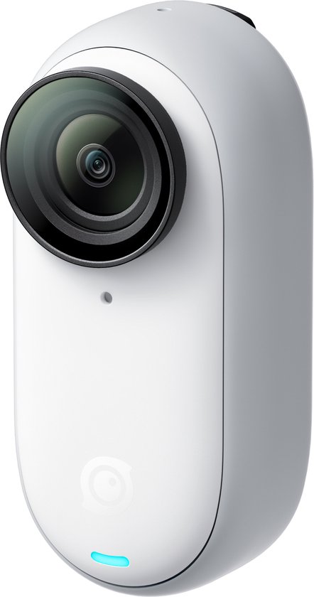 Witte Insta360 GO 3 actioncam met lens en blauw indicatielampje aan de voorkant.