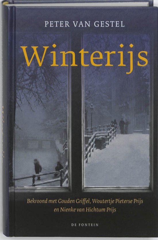Boekcover 'Winterijs' van Peter van Gestel. Een winterse scene door een raam met sneeuw.