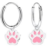 Joy|S - Zilveren kat hond dierenpoot bedel oorbellen - oorringen - wit / roze - kinderoorbellen - poot afdruk