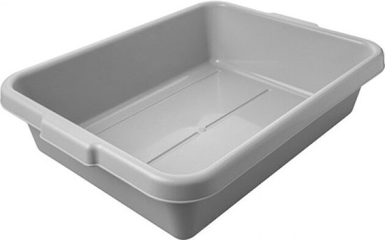 Bac de lavage gris en plastique avec coins arrondis et poignées de chaque côté.