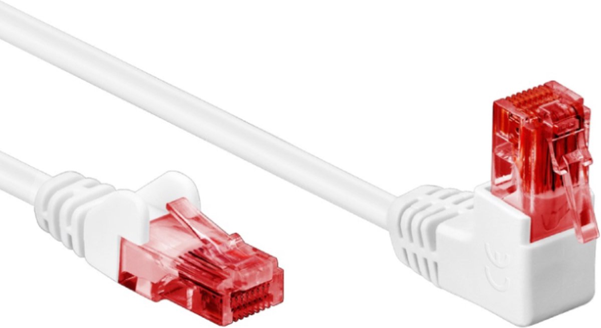 CAT 6 patchkabel 1x 90° haaks, U/UTP wit 0,25M - Netwerkkabel - Computerkabel - Kabel