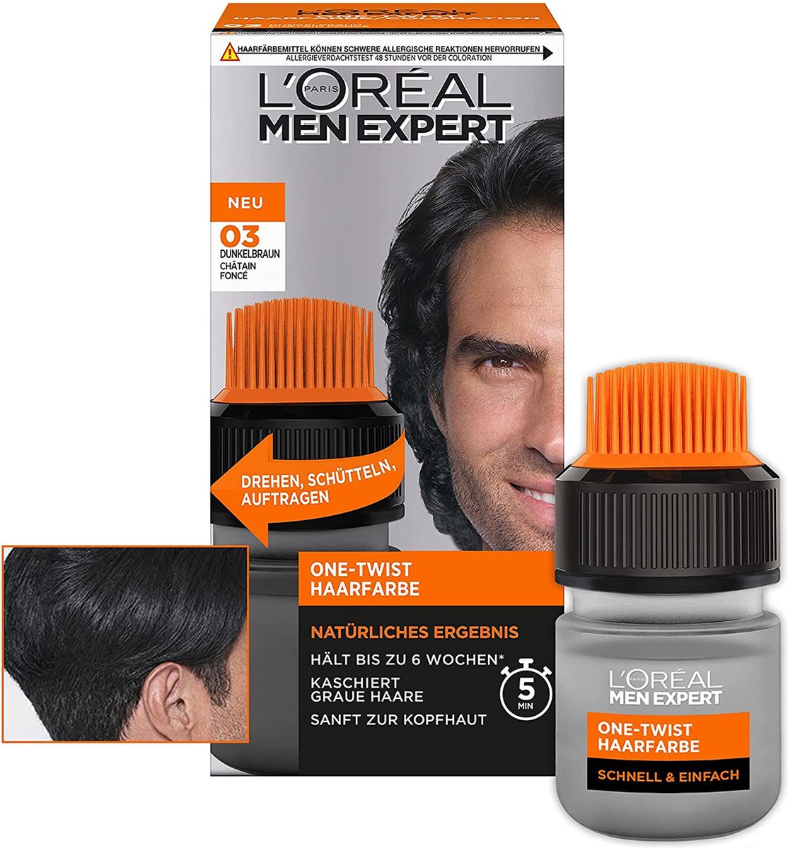 L'Oréal Men Expert haarkleuring voor mannen, 100% grijs haar dekking en 6 weken fixatie, geschikt voor alle haartypes, One-Twist haarverf, No. 3 Donkerbruin, 1 stuk