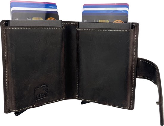 Porte-cartes extensible - Marron foncé - Porte-cartes de crédit double -RFID - Porte-cartes