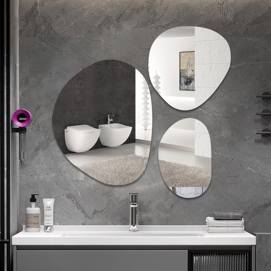 Miroir mural 3 pièces SensaHome - Miroir sans cadre - Miroir de salle de bain / Maquillage - Sans monture - (40x60 - 60x80 - 70x90) CM
