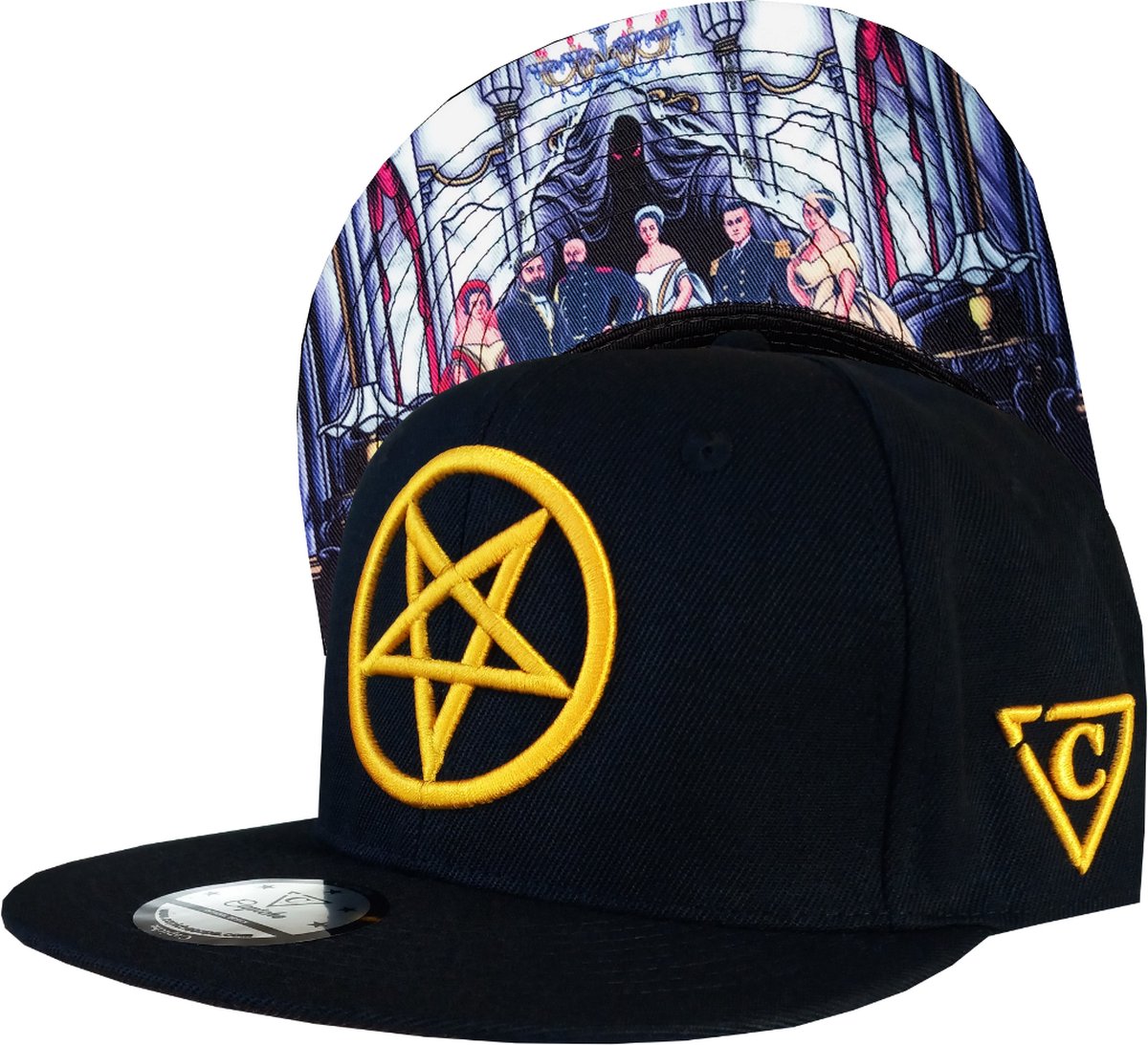 Capiche® Snapback Pet Heren – Cursed Royals – Zwart & Gele Pentagram – Verstelbaar met Druksluiting – Sportcap – Baseball Cap – Mannen Cap – Vervloekte Cursed Pet