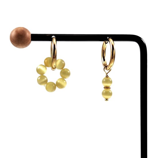 ∅19mm Boucles d'oreilles Femme - Natuursteen Oeil de Chat Jaune - Acier Inoxydable Plaqué Or - Boucles d'oreilles avec Pendentifs Perles