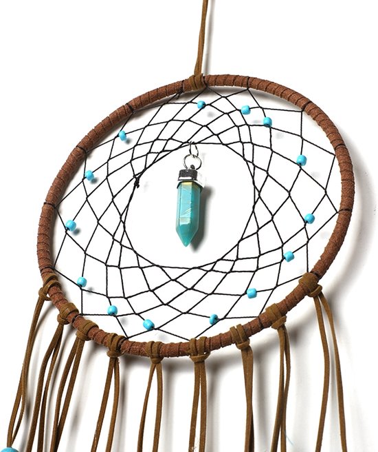 Grote Handgemaakte Dromenvanger - Dromen Vanger - Dream Catcher - Dream Catcher Groot - Indianen Deco Droomvanger met Steen Kraaltjes Veren – Bruin / Blauw - BPK