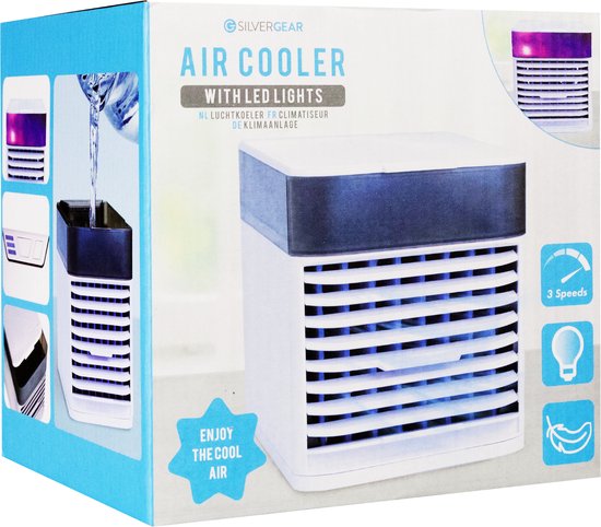 Doos van de Silvergear Air Cooler met LED-verlichting. Bevat afbeeldingen van water gieten, de cooler en snelheidsindicaties.