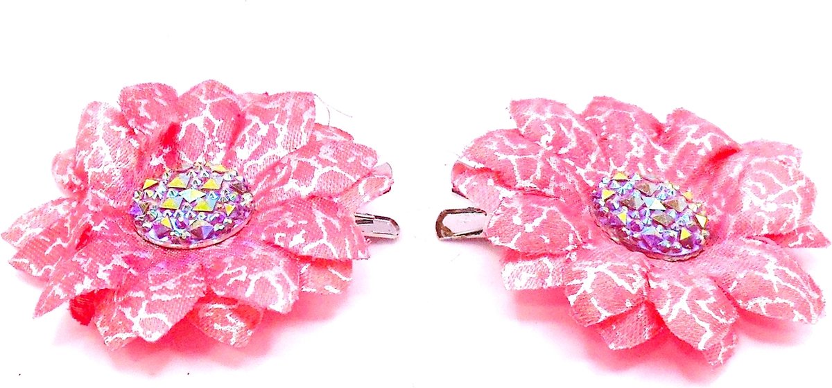 2 roosjes klein met duckklem rood-zilver met gekleurde diamant