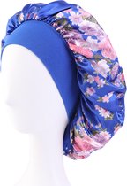 Royal Blue Sleep Night Cap with Floral Print - Wide Band Satin Bonnet.