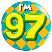 Button 97 Jaar - Button met speld (55mm) - Leeftijd badge - 97 Jaar versiering - Accessoires - Rozet I'm 97 - Verjaardag jongen / meisje / man / vrouw - Button 97 Jaar