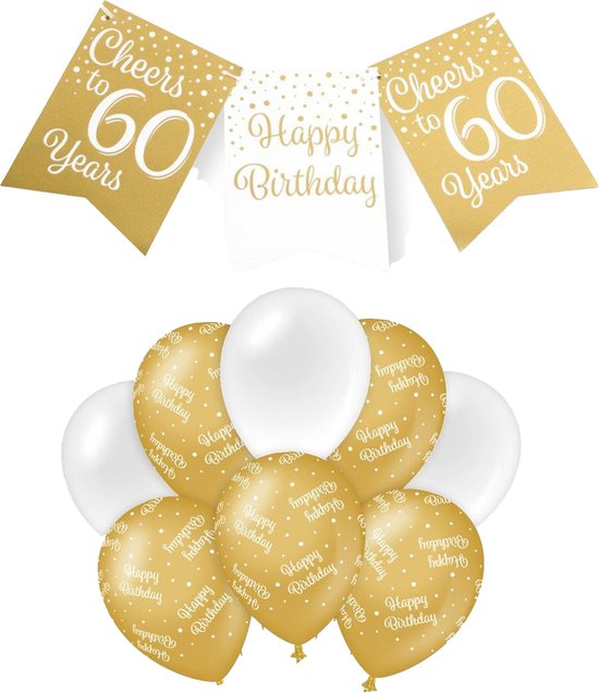 Paperdreams Luxe 60 jaar/Happy Birthday feestversiering set - Ballonnen & vlaggenlijnen - wit/goud