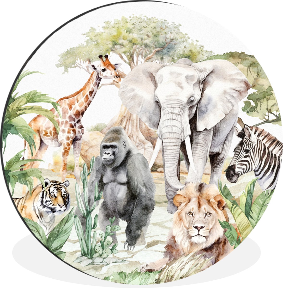 WallCircle - Wandcirkel - Muurcirkel - Jungle - Dieren - Waterverf - Kinderkamer - Kind - Jongens - Aluminium - Dibond - 90x90 cm - Binnen en Buiten