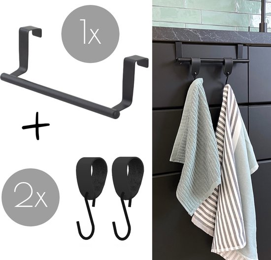 Handdoekstang over keukenkastdeur - 23cm Zwart + 2x leren S-haak hanger - Voor 2 handdoekjes - inclusief nano plakstrips / handdoekrek keukenkast - deurhaak