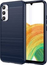 Samsung Galaxy A34 Hoesje - MobyDefend TPU Gelcase - Geborsteld Metaal + Carbonlook - Blauw - GSM Hoesje - Telefoonhoesje Geschikt Voor Samsung Galaxy A34