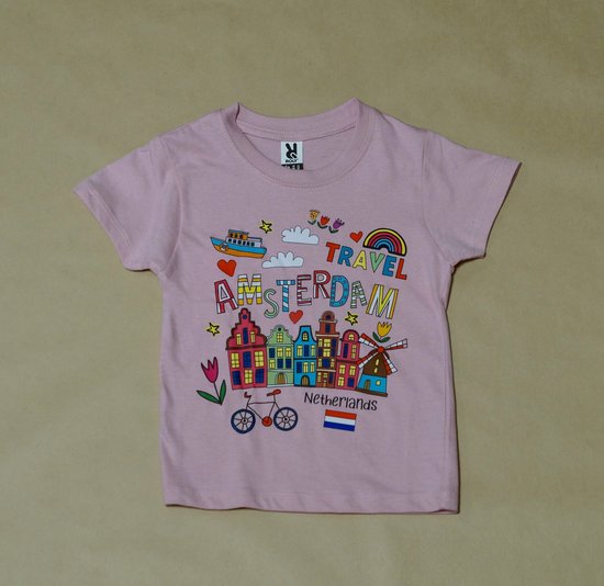 T-shirt roze Amsterdam travel kinderen | Maat 86