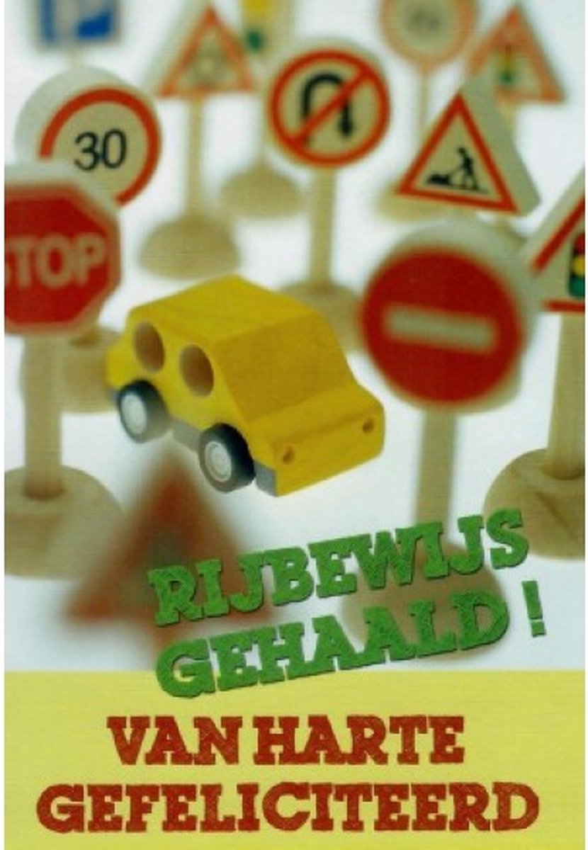 Je hebt je rijbewijs gehaald! Van harte gefeliciteerd! Een grappige kaart met verkeersborden en een auto. Een leuke kaart om zo te geven of om bij een cadeau te voegen. Een dubbele wenskaart inclusief envelop en in folie verpakt.