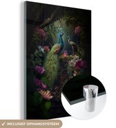 MuchoWow® Glasschilderij 30x40 cm - Schilderij acrylglas - Pauw - Bloemen - Vogels - Jungle - Foto op glas - Schilderijen