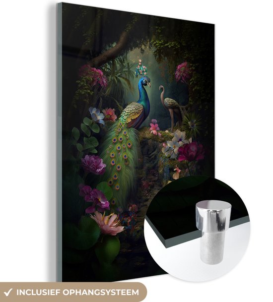 MuchoWow® Glasschilderij 30x40 cm - Schilderij acrylglas - Pauw - Bloemen - Vogels - Jungle - Foto op glas - Schilderijen