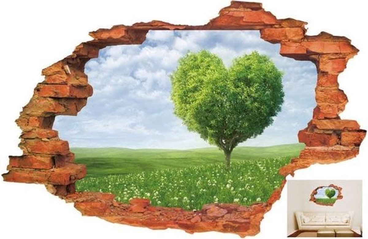 Decoratieve Muursticker 3D - Gat in muur - Hartvormige boom - Wanddecoratie sticker