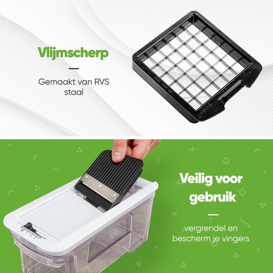 Een scherp mesje van roestvrij staal voor de mandoline. De tekst "Vlijmscherp, gemaakt van RVS staal" en "Veilig voor gebruik" staat erbij.